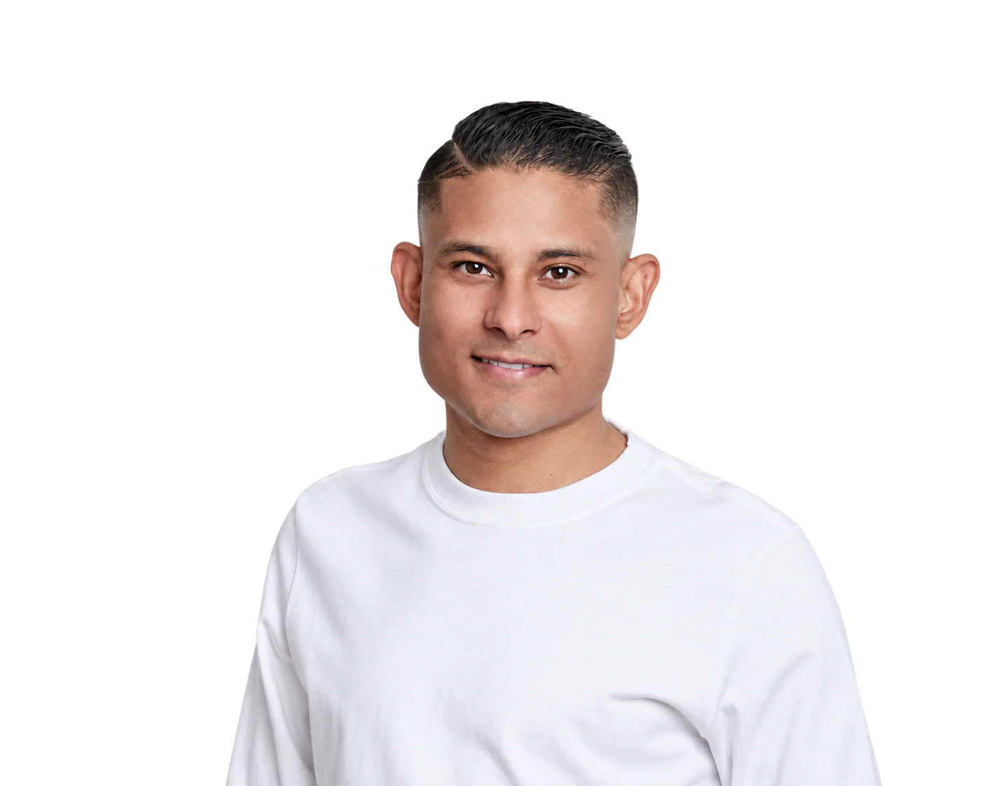 Bruno Stephen smiling, wearing a white T-shirt